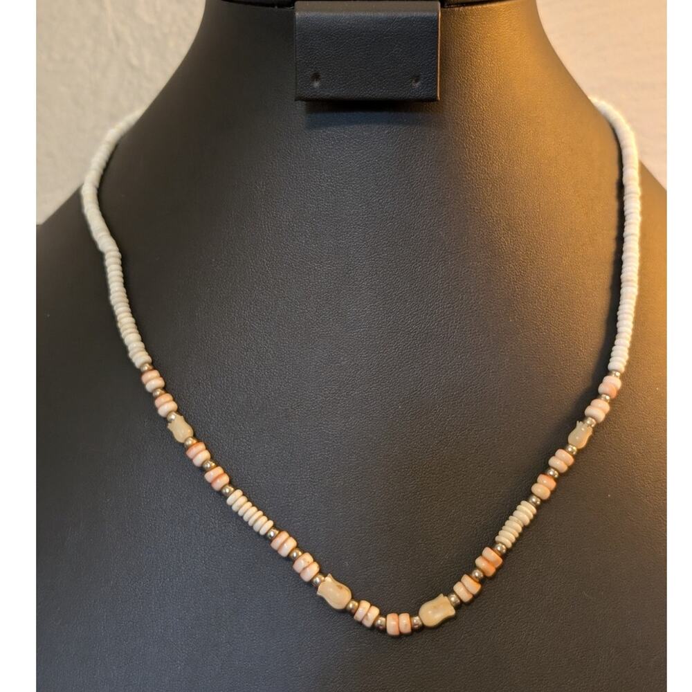 Vintage Puka Shell Coral & Carved Tulip Bead 21" Barrel Clasp Necklace